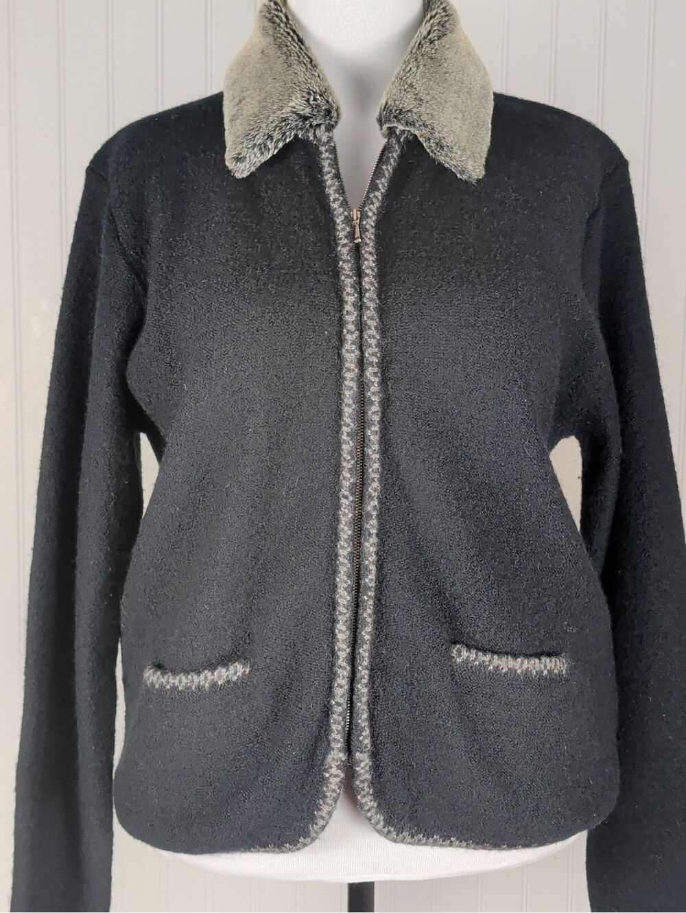 VTG Laura Scott Zip Wool Cardigan with Faux Fur Collar Blanket Stitch Trim L